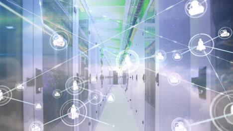 animation of icons connected with lines and foggy clouds over server room in background