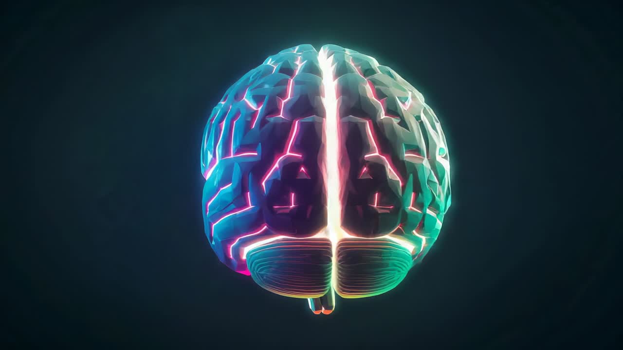 After three seconds neon glowing 3D brain model rotating in gradient backdrop revealing cerebellum