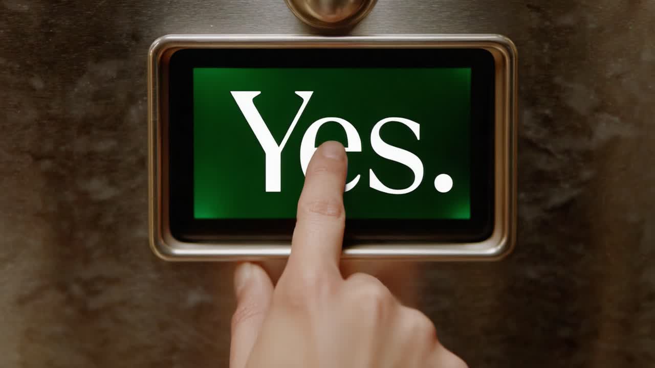 A Close-Up of a Hand Pressing a Digital Button Displaying 'Yes' on a Screen, Highlighting Decision-Making and Interaction with Technology in Modern Environments