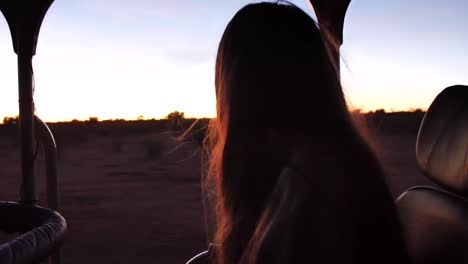 un safari matutino al amanecer de namibia - una mujer mira desde el coche safari hacia el desierto