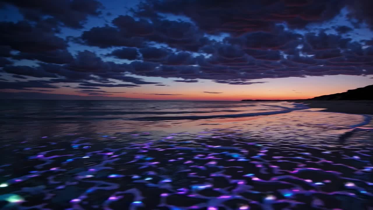 A mesmerizing video captures a low-angle view of a glowing beach at dusk, with bioluminescent waves