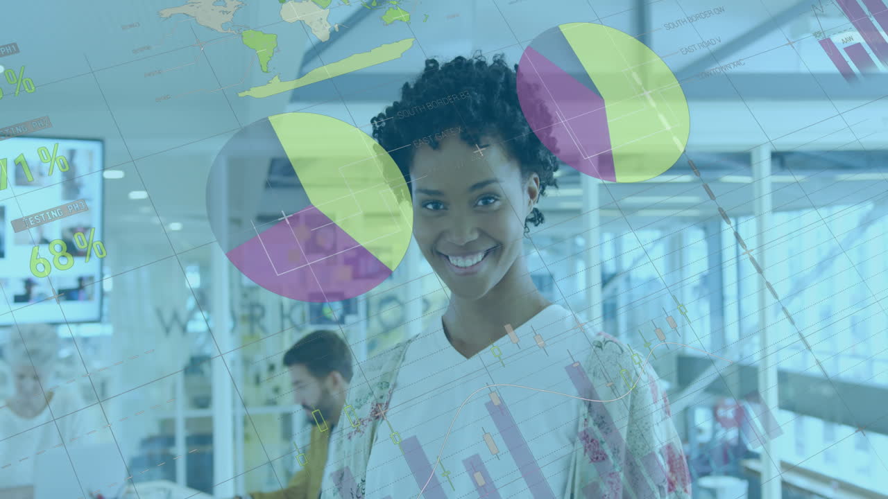 animación del procesamiento de datos estadísticos sobre el retrato de una mujer afroamericana sonriendo en la oficina