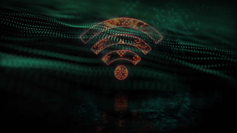 animation of wifi icon with computer circuit board over spots on black background