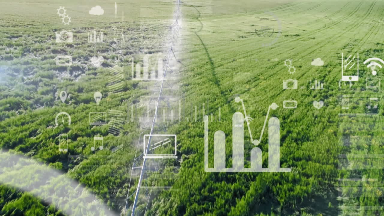 Center pivot irrigation pipeline rotating over lush crop field, displaying floating data icons