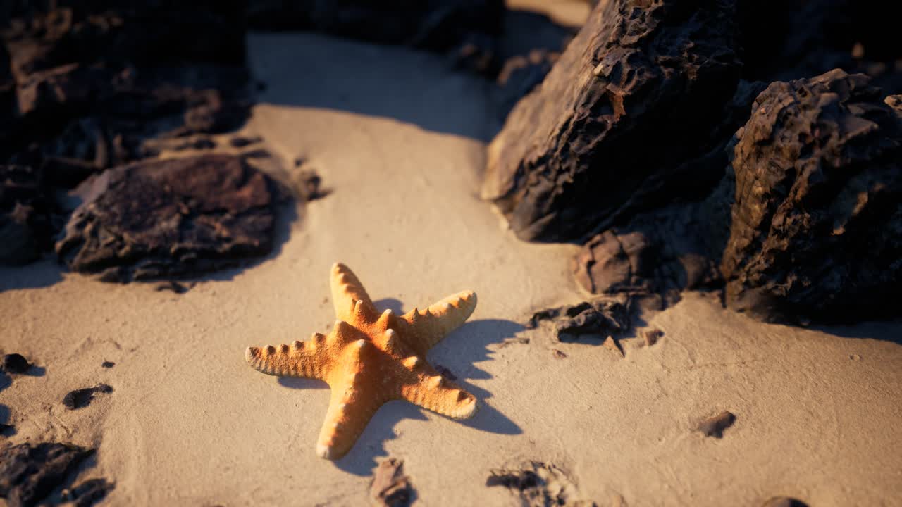 Starfish on sandy beach at sunset