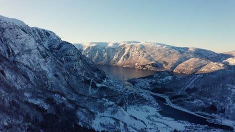 stanghelle, veafjorden and osterøy in cold winter season - aerial panoramic overview