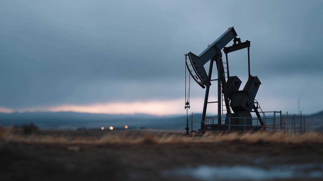 Dramatic Dawn Over an Isolated Oil Pump Jack in Vast Landscape, Capturing the Stillness of the Morning and the Industrial Beauty of Oil Extraction Equipment.