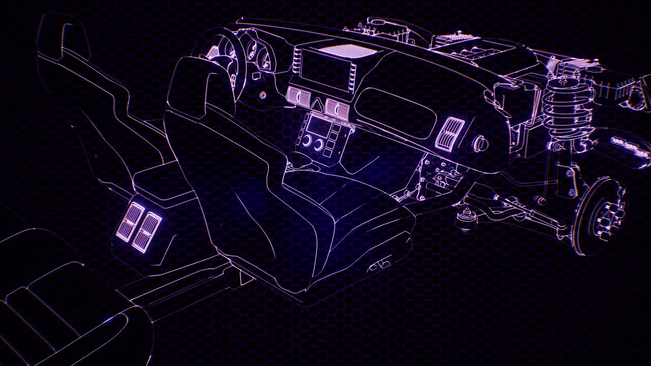 Holographic animation of 3D wireframe car model with engine