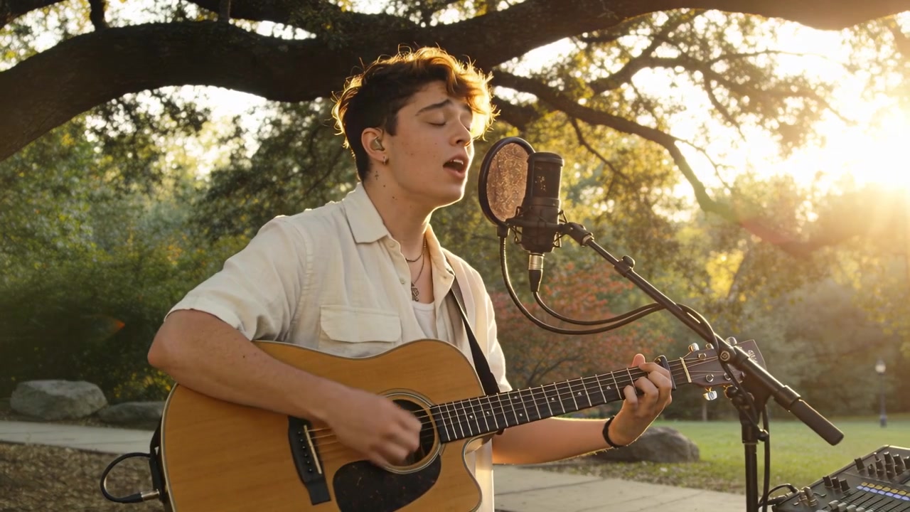 Musicista che strimpella con camicia a maniche corte, canta al microfono mentre suona la chitarra sotto un albero al tramonto.