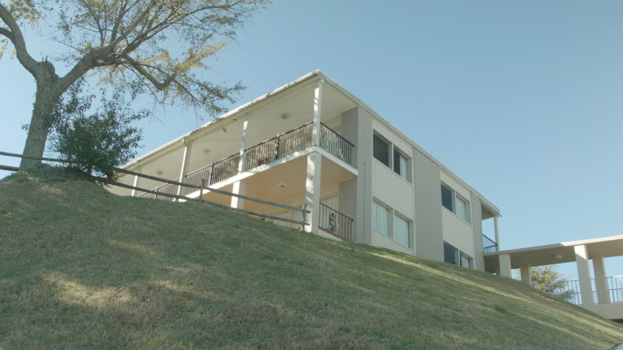 Exterior motel on a sunny day.  Low wide angle.