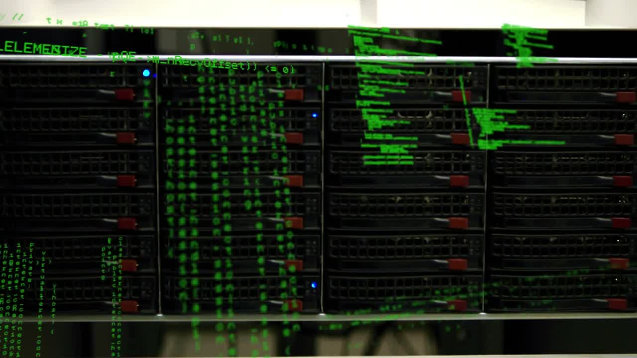 Animation of data processing over close up of computer server