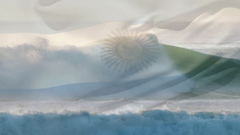 digital composition of argentina flag waving against aerial view of waves in the sea