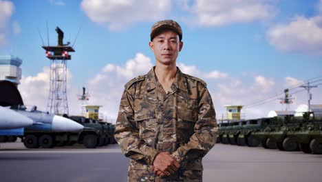 asian man soldier standing and looking to camera at military camp