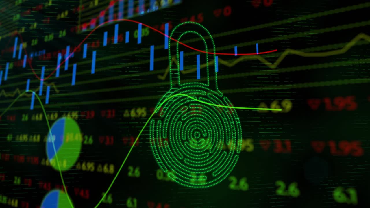 Fingerprint emerging and morphing into green padlock, overlaying financial charts, protecting data