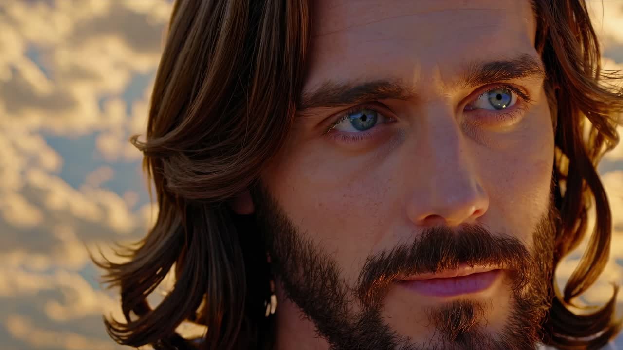 Portrait of a young man with long brown hair and beard looking away from camera with a contemplative expression, with a beautiful sunset sky in the background
