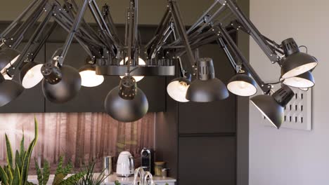 slow revealing shot of a ceiling light with 14 light bulbs in the kitchen of a villa