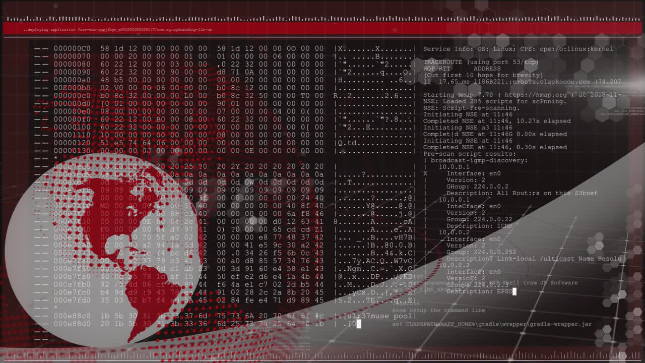 Animation of digital world map with binary code and programming script in school