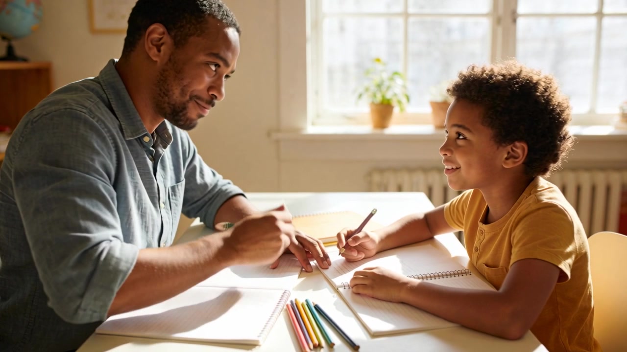Child starting homework dad leaning guiding pencil at home with colored pencils dad in teal shirt