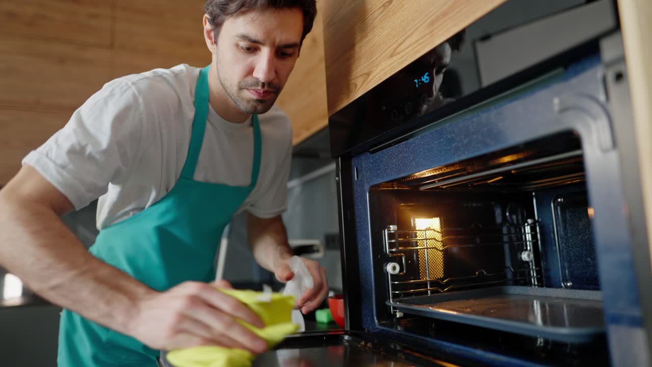 Confident brunette guy in a white T-shirt and blue apron, the cleaner washes the oven using a yellow rag and detergent in a modern kitchen. Confident guy, brunette cleaner working on call and cleaning the kitchen