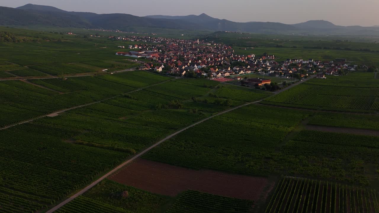 Drone rotating over a small french village between French winefields at sunrise in 4k