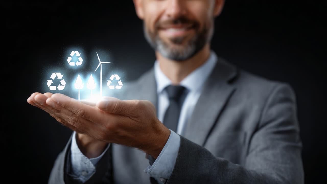 A Professional Holding Holographic Symbols of Sustainability: Recycling, Renewable Energy, and Environmental Protection Representations in a Corporate Setting