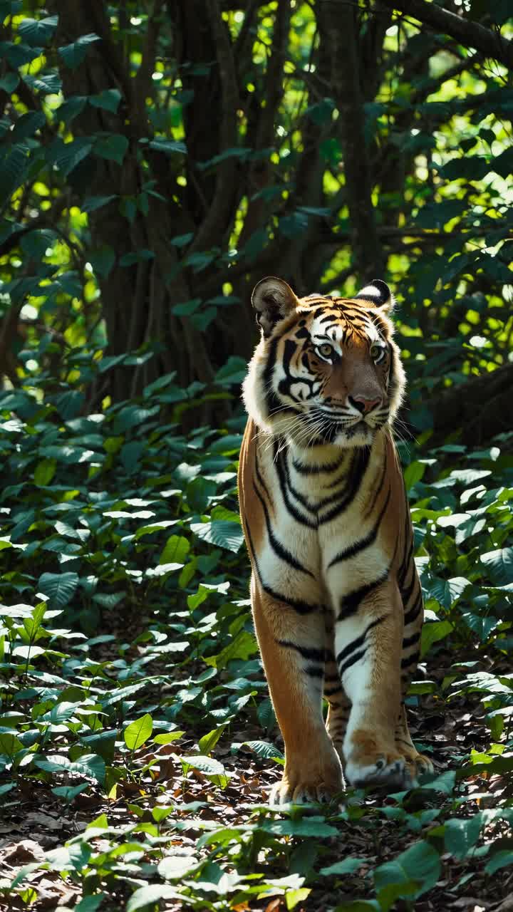 Una maestosa tigre si aggira in una foresta lussureggiante, ripresa con una dinamica inquadratura dal basso.