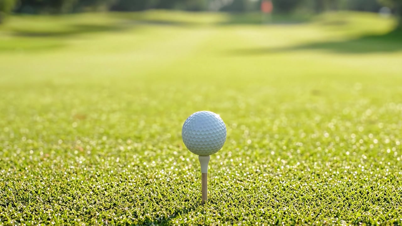 Een golfer die zich voorbereidt om af te slaan, met de focus op de tee en golfbal gepositioneerd op het weelderig groene gras van een open golfbaan tijdens een zonnige dag