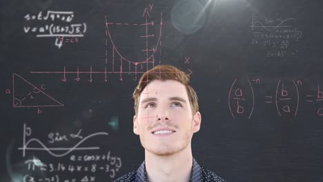 animation of mathematical equations with lens flare over caucasian man looking away