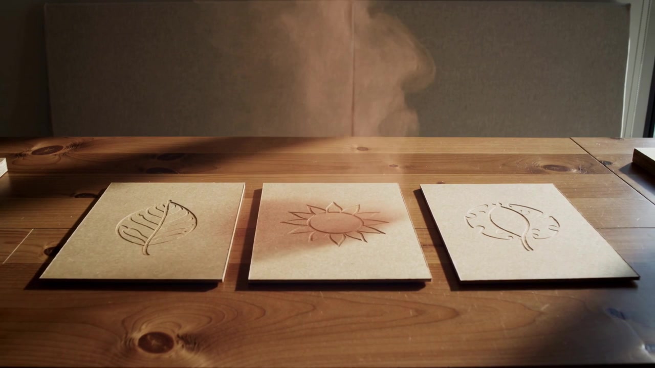 Rising dust column behind panels laying powder onto three wood panels on wood table darkening sun
