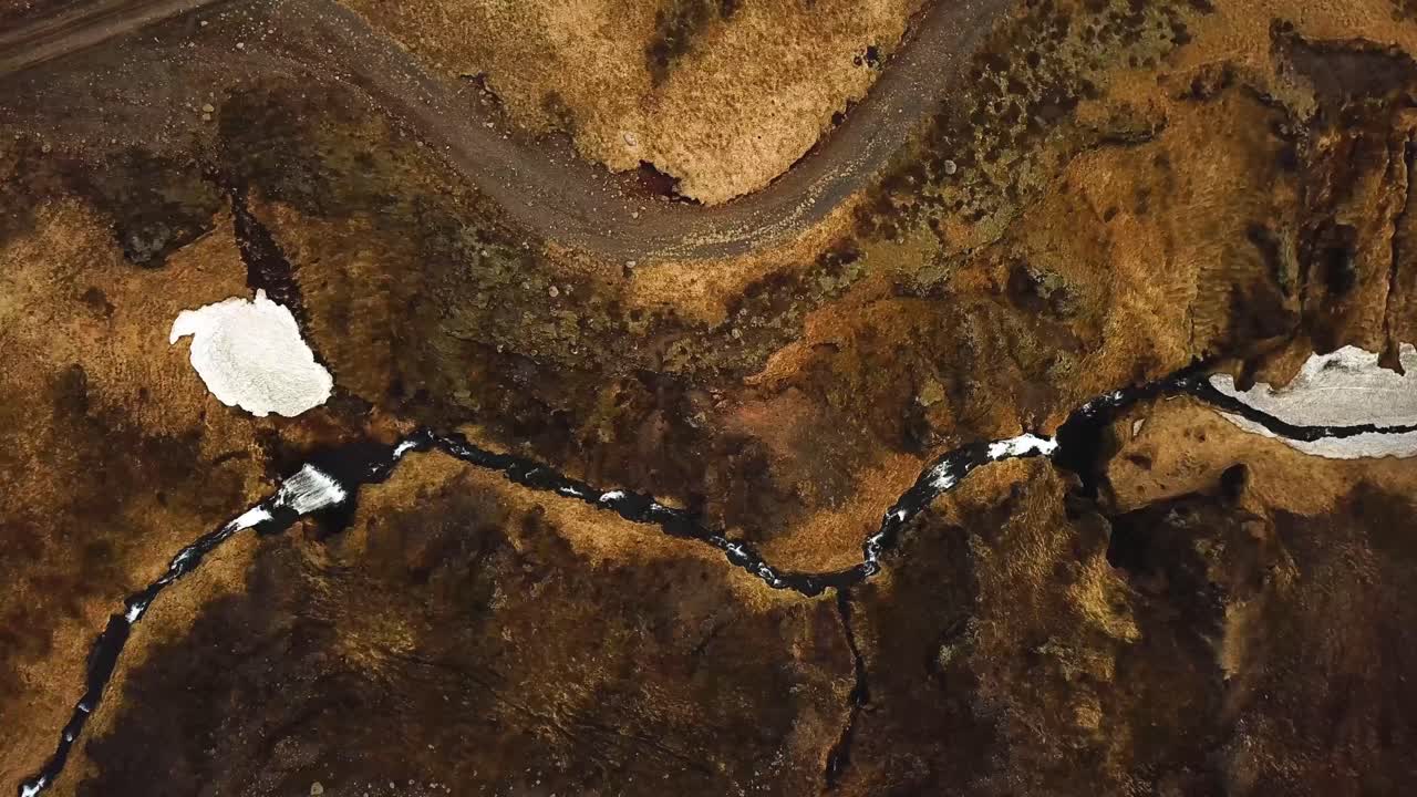 Aerial top view of a stream of water flowing in Iceland, during winter time
