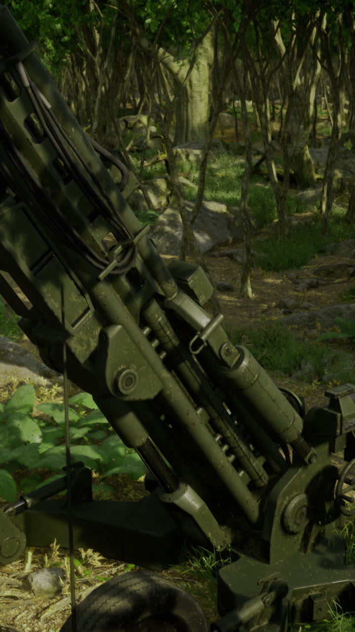 Military firearm poised for action in a vibrant forest clearing