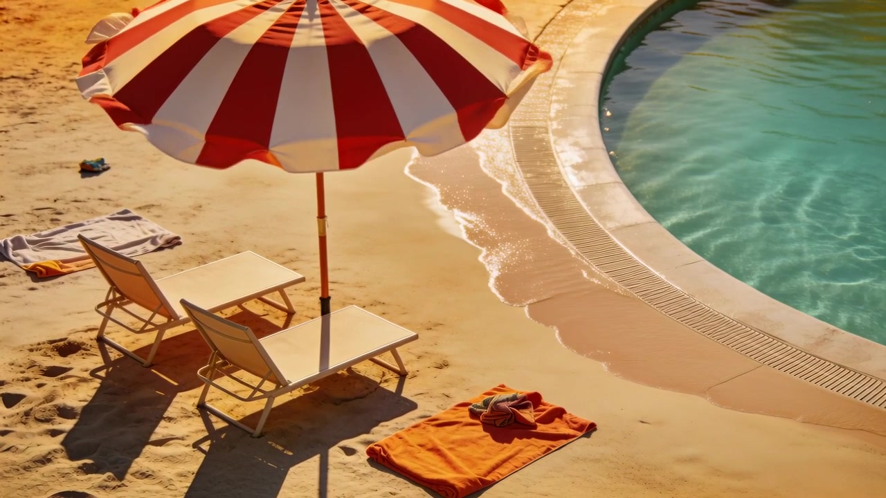 Sole e vento che spostano l'ombrellone e l'acqua della piscina, con onde che bagnano la sabbia a bordo piscina vicino a un asciugamano arancione.