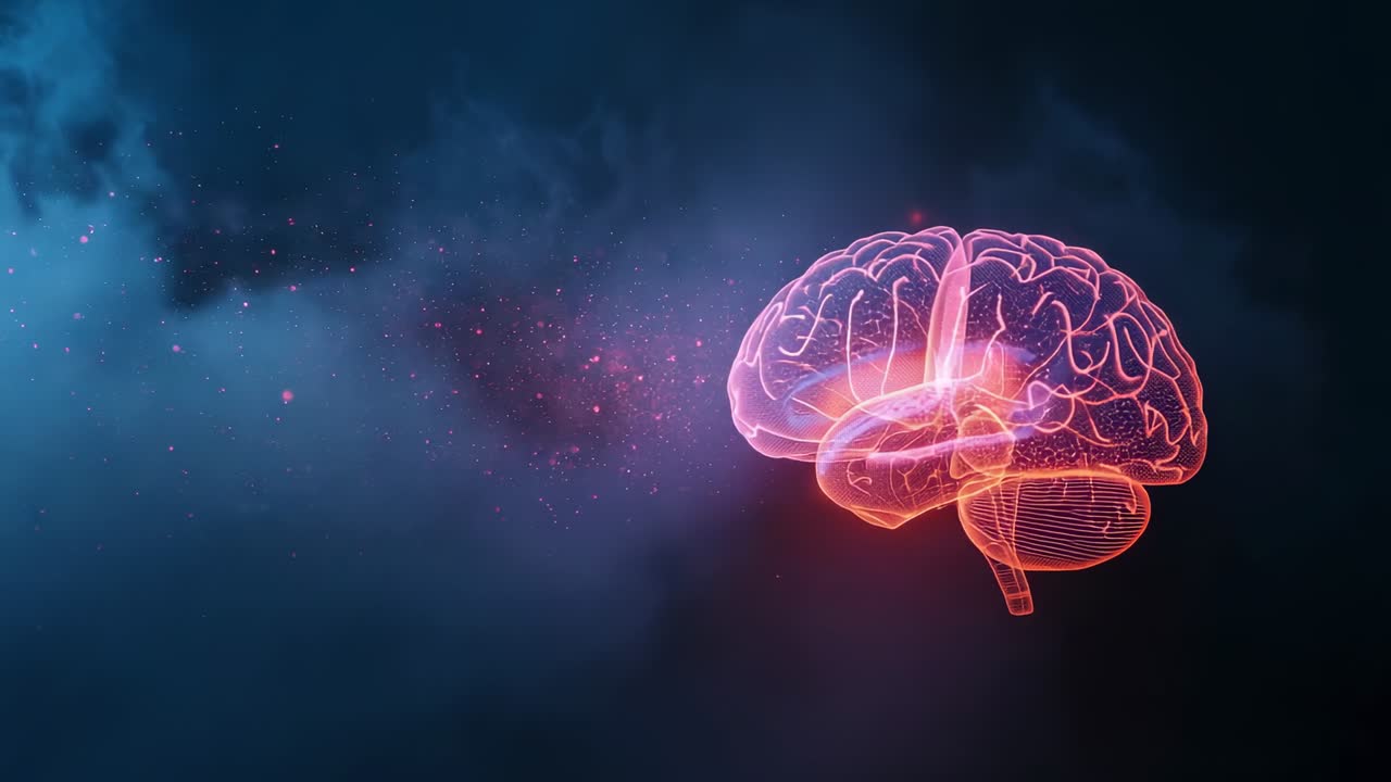 Emerging pink-orange particles in blue misty fog forming 3D neon brain model, copy space