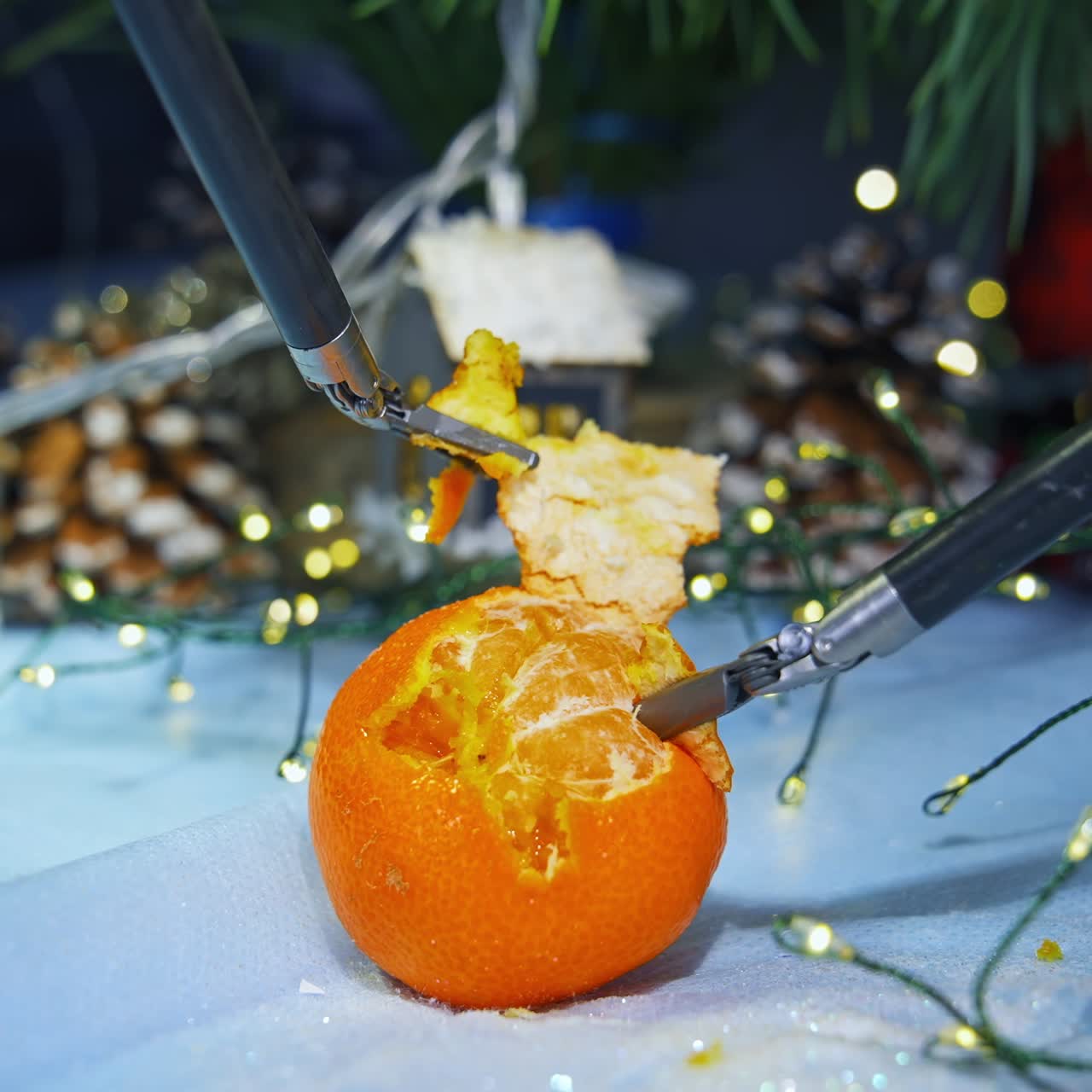 High-tech equipment peeling mandarin. Metal cybernetic tools on Christmas decorations background. Futuristic innovations