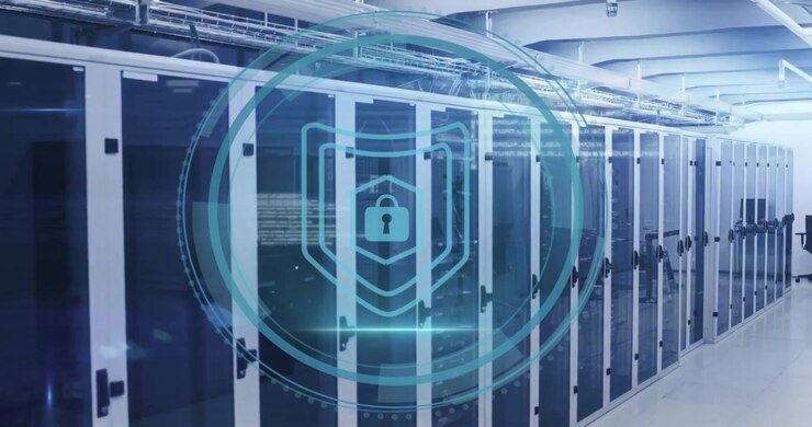 Animation of cyber security text and scanner with padlock icon processing over server room
