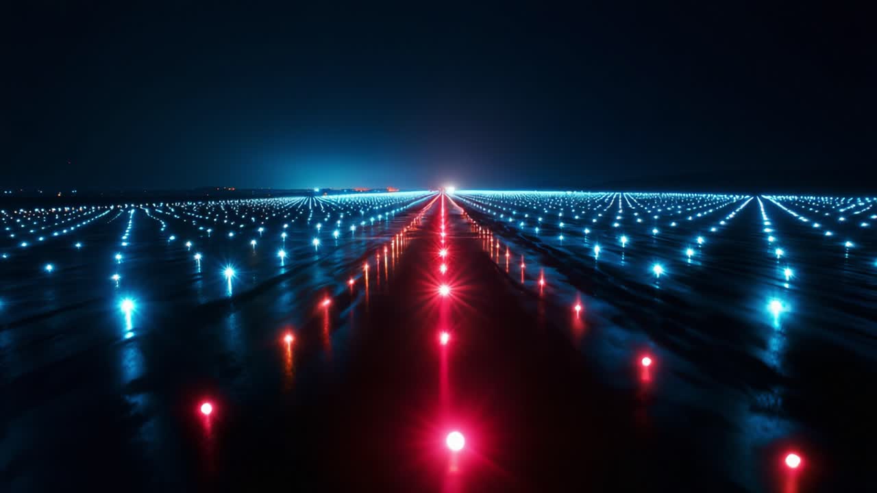 A mesmerizing nightscape showcasing a vibrant array of illuminated lights stretching across a dark landscape, creating captivating patterns that entice viewers into deep reflection