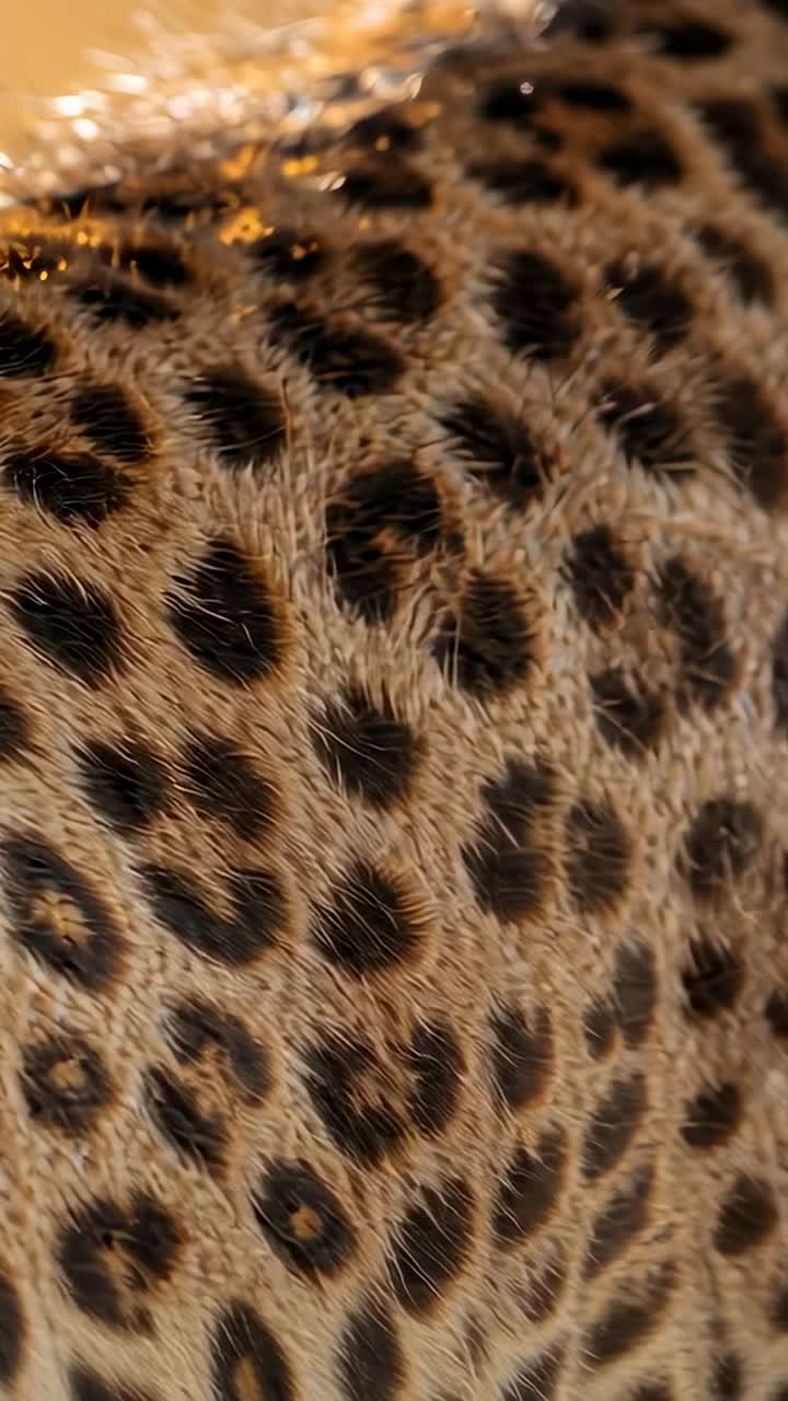 Vertical video: Shifting rosette cat fur from small move, showing hairs and gold highlight on flank