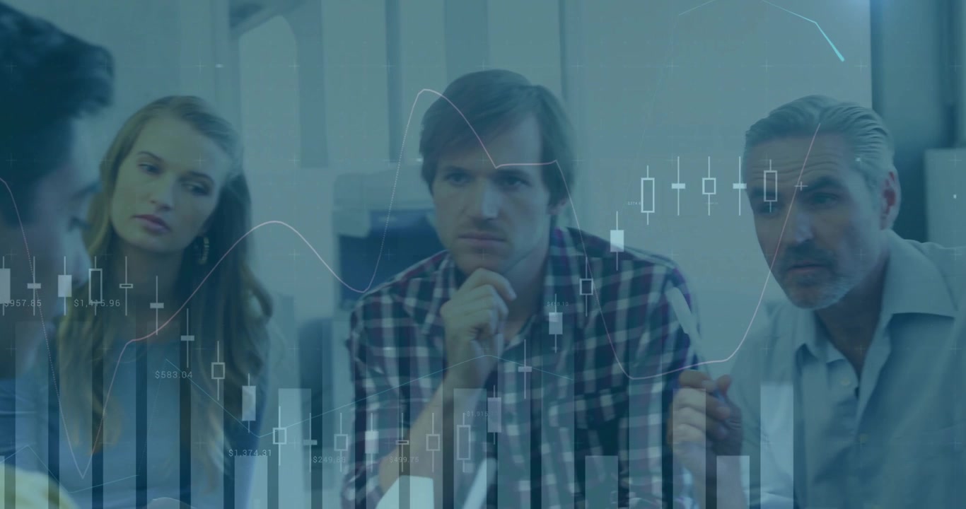 Financial data processing animation over diverse business people in office meeting