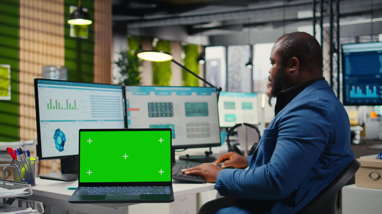 Vertical Video Professional manager works with graphs and isolated mockup screen