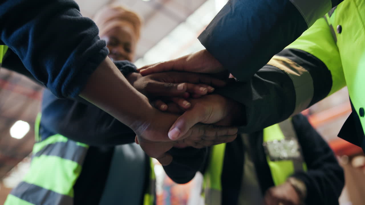 Team of Warehouse Workers Stacking Hands and Cheering