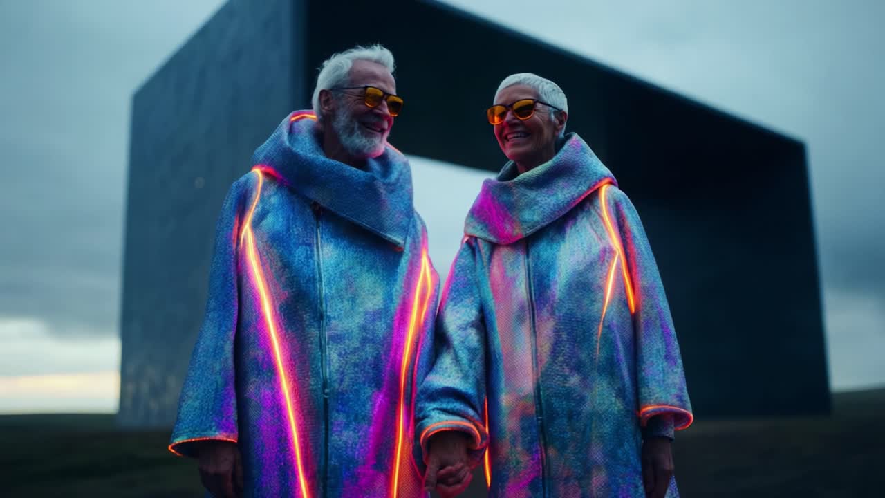 Two elderly individuals standing hand in hand, dressed in vibrant, illuminated, futuristic coats that shimmer against a dramatic backdrop of a large geometric structure under a twilight sky