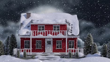 Animation-of-snow-falling-in-night-winter-landscape-with-house