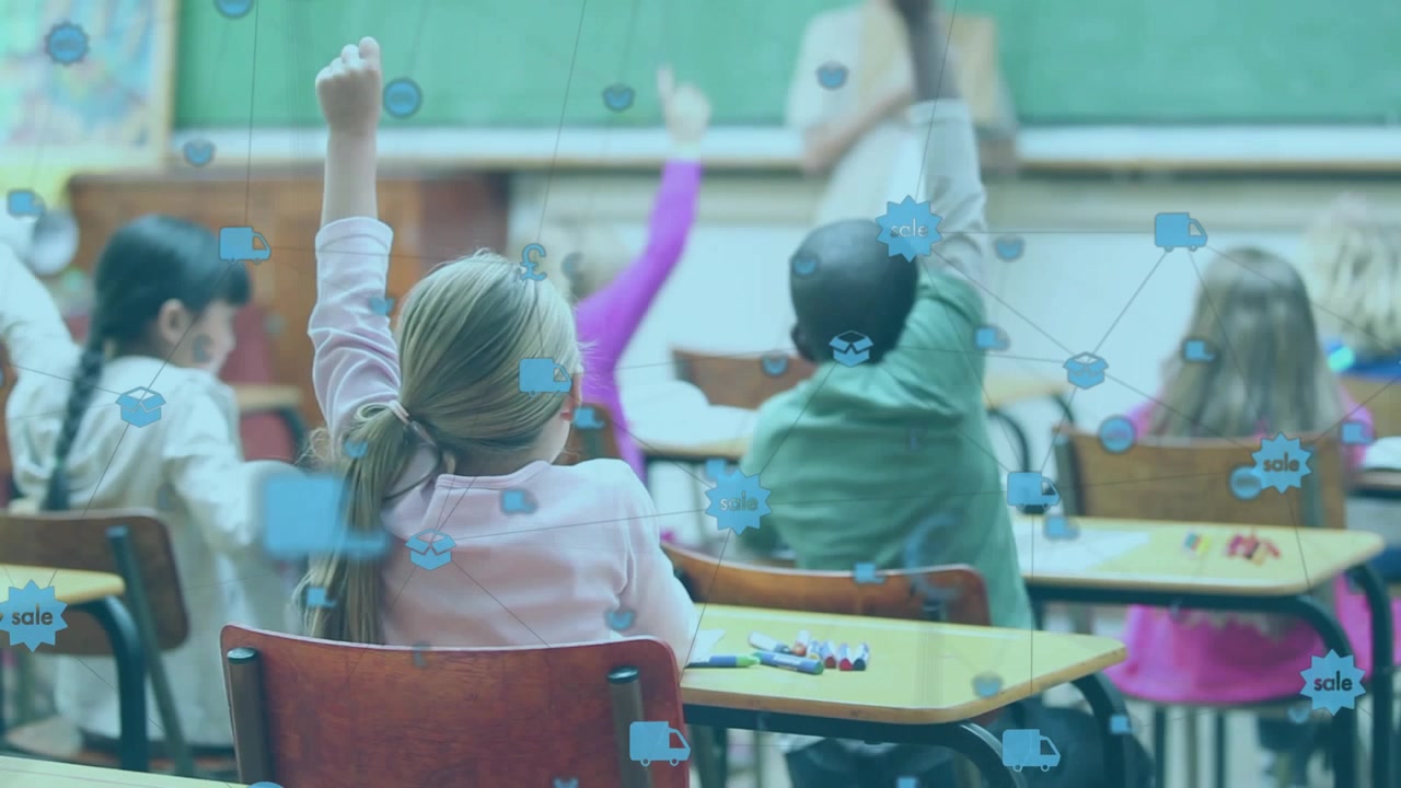 Teacher asking question in class sparking students raising hands as question marks popping on desks
