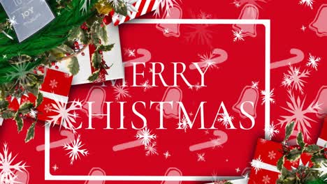 Animation-of-merry-christmas-text-over-presents-and-snow-falling