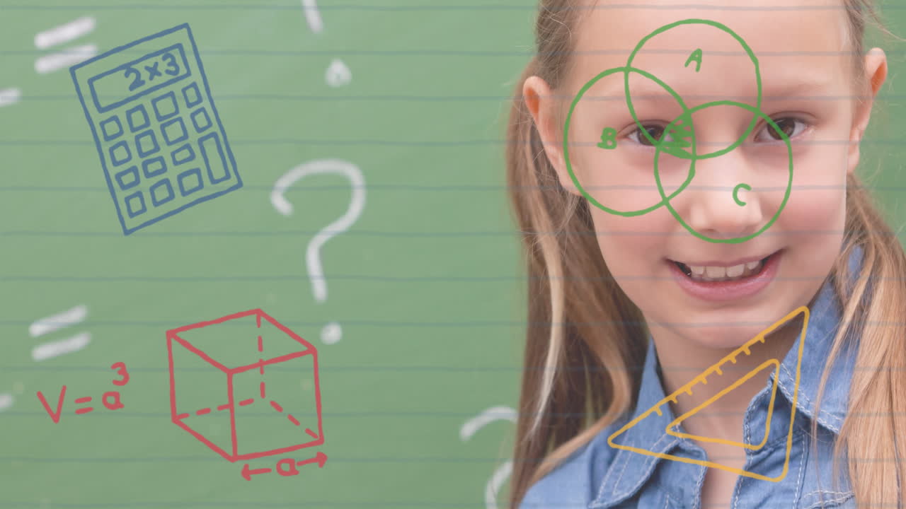 학교에서 블랙보드에 미소 짓는 백인 여학생에 대한 여러 학교 개념 아이콘