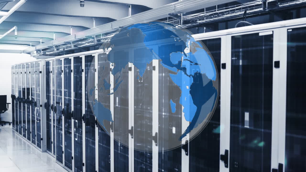 지구의 애니메이션과 컴퓨터 서버를 통해 디지털 데이터 처리