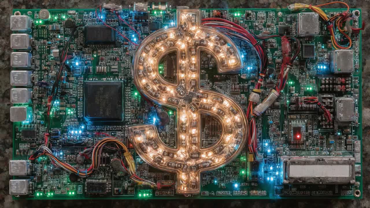 Illuminated Circuit Board with Dollar Sign: A Fusion of Technology and Wealth, Showcasing the Intersection of Electronics and Finances in a Unique Visual Representation