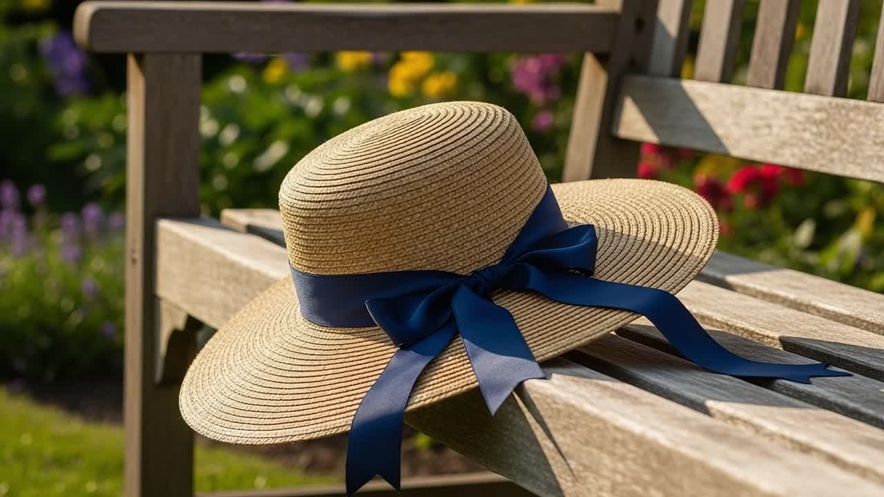 A Beautiful Straw Hat with a Blue Ribbon Resting on a Wooden Bench Surrounded by Lush Garden Flowers in Full Bloom, Perfect for a Sunny Day Outdoors