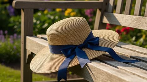 a beautiful straw hat with a blue ribbon resting on a wooden bench surrounded by lush garden flowers in full bloom, perfect for a sunny day outdoors