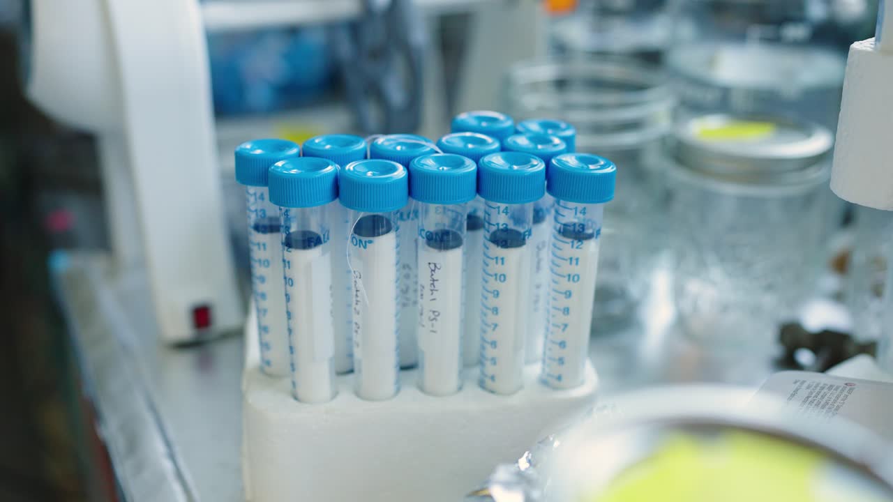 Science test tubes organized into storage after an experiment